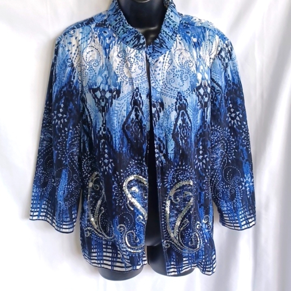 Chico's Blazer Jacket Womens L/12 Blue Paisley Sequin Linen Blend Open Artsy